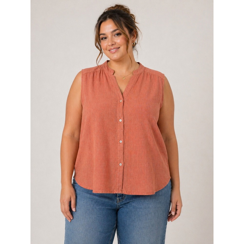 Vintage Cherokee Linen Top Womens XXL Orange Sleeveless Button Down Y2K Boho
